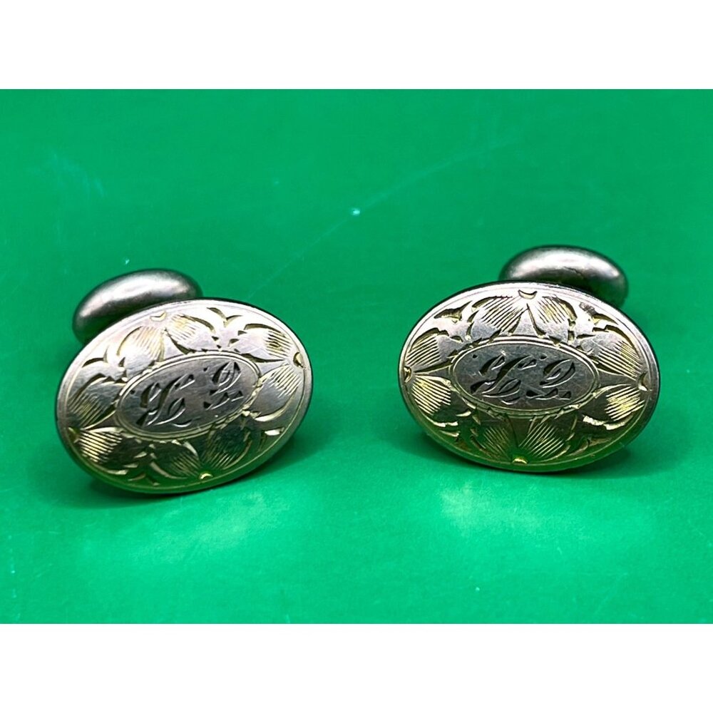 Antique Monogrammed EB Gold Tone Oval Cufflinks Etched Floral Art Deco Style